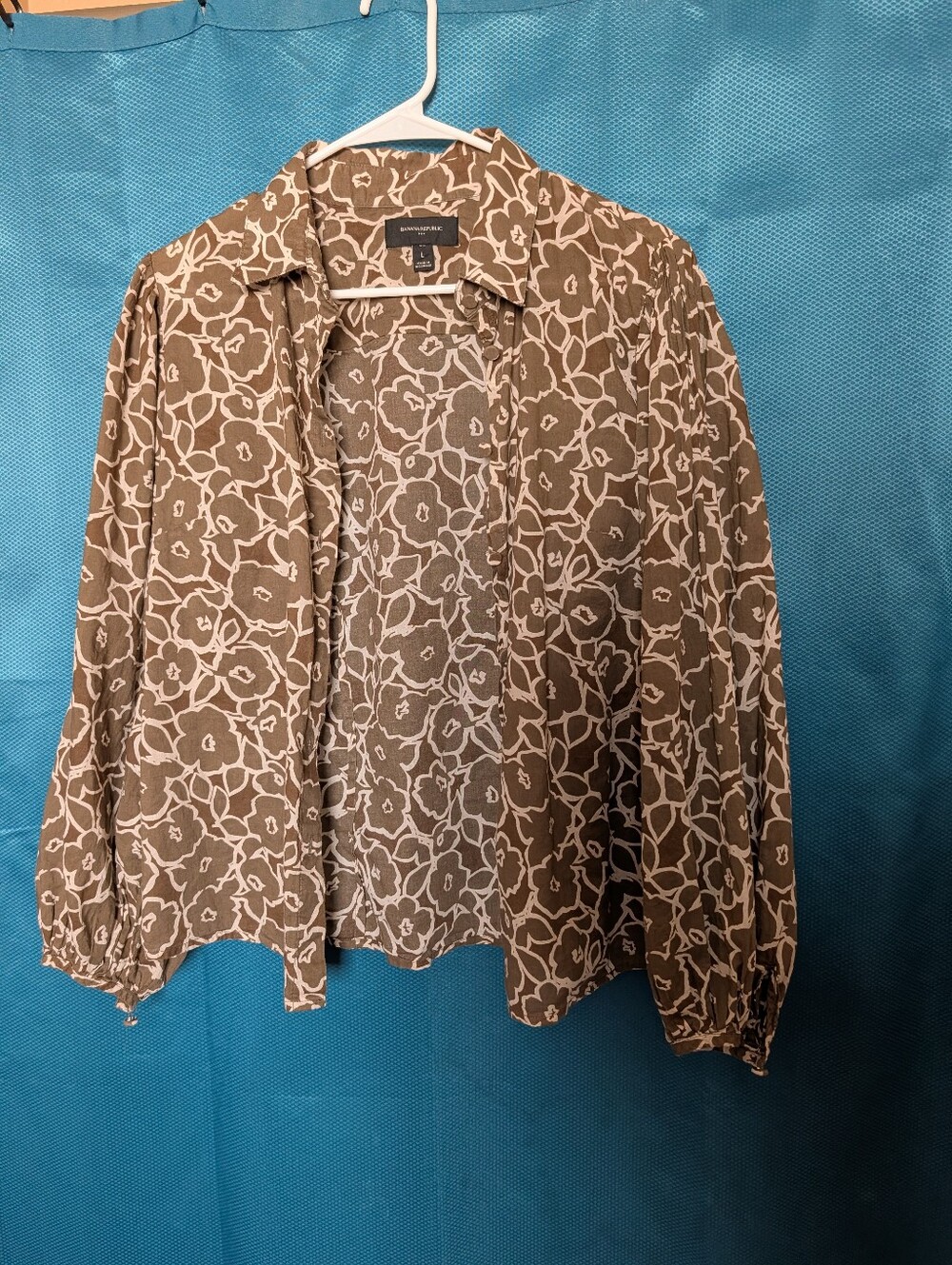 Banana Republic Floral Print Balloon Sleeve Button Down Blouse Top Brown Sz L